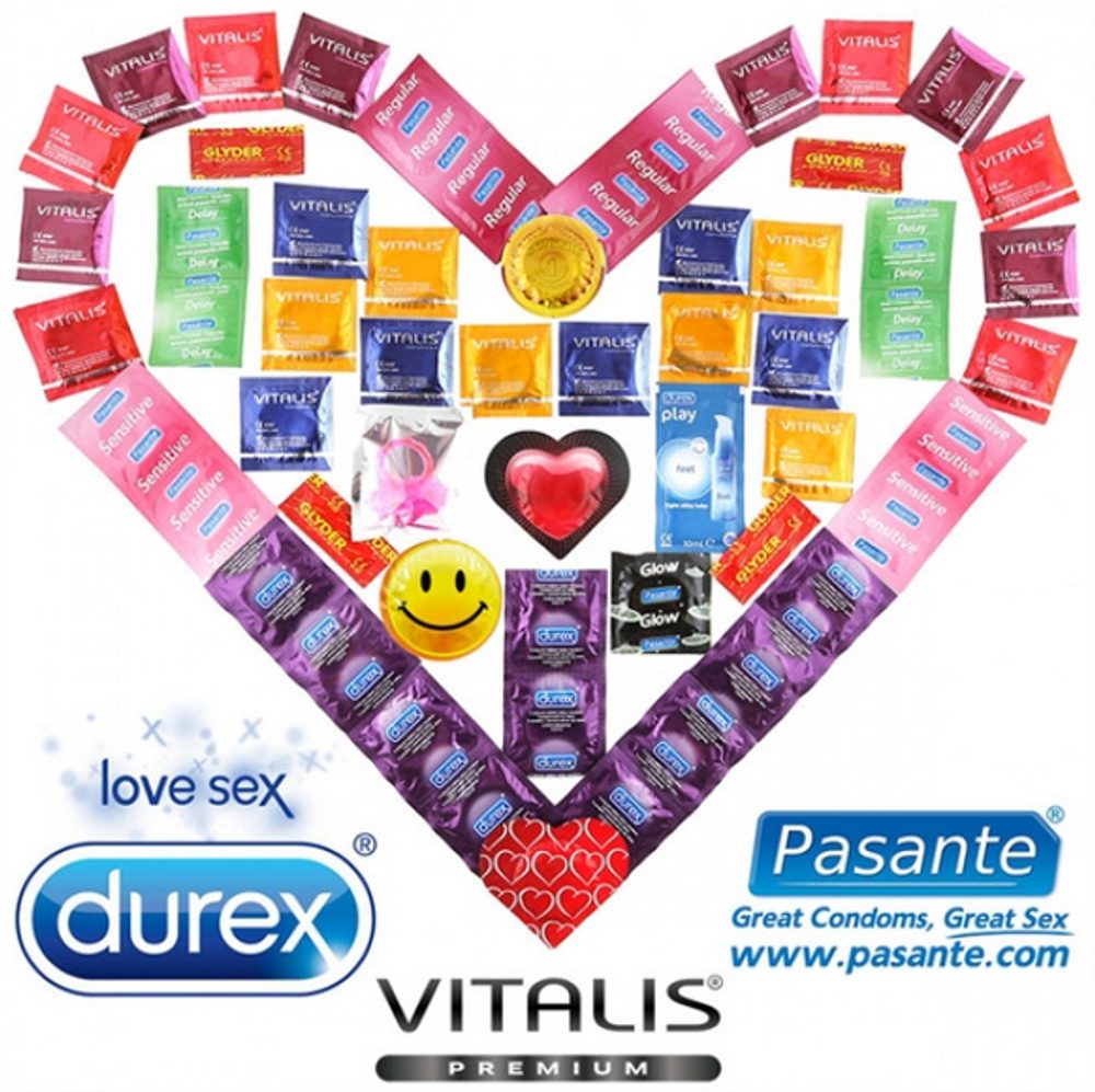 Maxi Balíček 55 kondomů Durex a Pasante + lubrikační gel + vibrační kroužek